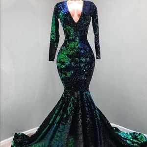 Sequin Emerald Green and Black Prom Dress